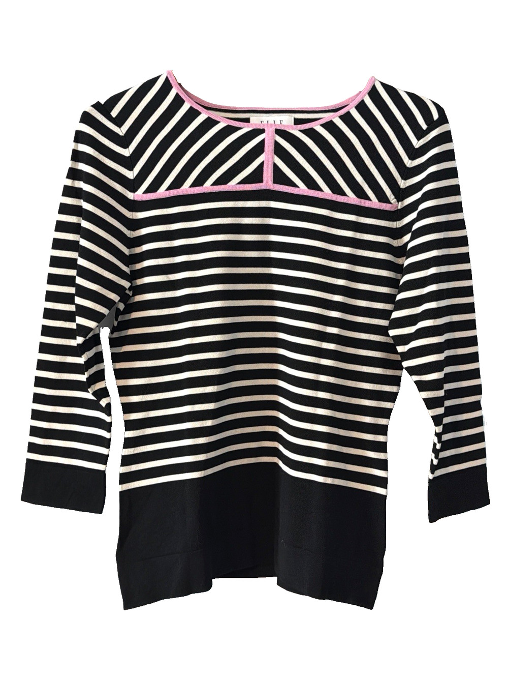 Elle Sz L Contrast Yoke Pullover Sweater B&W Knit Pink Trim Nylon Blend Knit